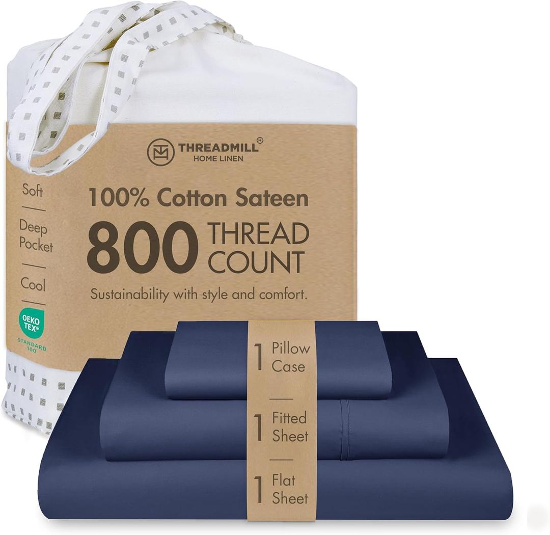 Threadmill Luxury 800 Thread Count 100% Cotton Sheets - Sateen Weave Twin XL Bed-Sheets, Better Than Egyptian Cotton,3 Pc Solid Soft Bedding Set (Folkstone Blue), Fits 15" Deep Pocket