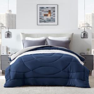 SLEEP ZONE Queen Comforter Duvet Insert, Down Alternative Reversible Comforter, Lightweight, Soft and Breathable Bedding All Season, A Side Navy + B Side Grey