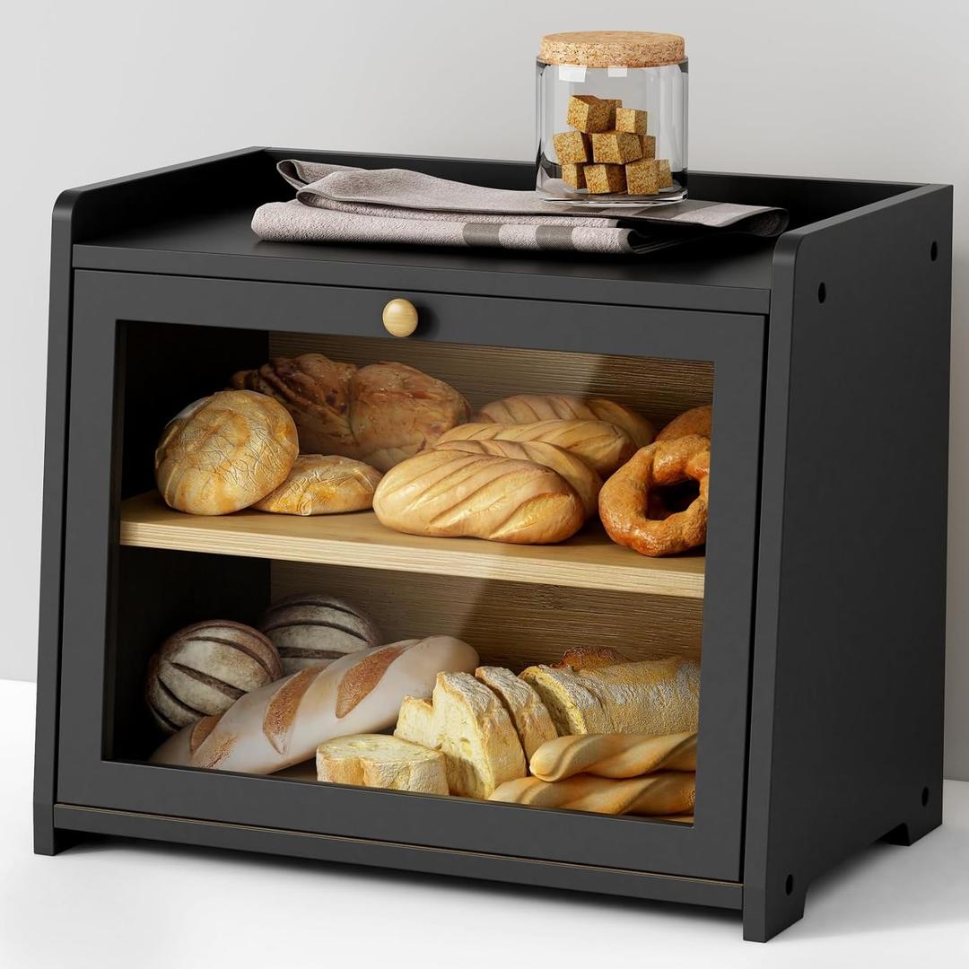 Double Layer Bread Box for Kitchen Countertop, Large Bread Storage Container for Counter Top, 2 Tier Wood Farmhouse Vintage Breadbox for Homemade Bread, Corner, Cabinet, Pantry (Black)