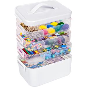 16 QT Stackable Craft Storage Organizer Box with Handle, White, Removable Trays for Art Supplies and Crafting 11.1''x10.83''x10.83''(4 Layer-White)