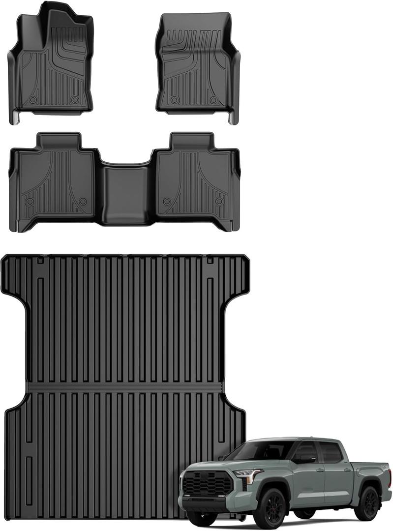 AOMSAZTO Floor Mats for 2022-2025 Toyota Tundra/Tundra Hybrid (Only CrewMax Cab) 5.5FT Truck Bed Mat - All Weather Protection Floor Liners & Bed Liner Set Accessories 2025 2024 2023 2022