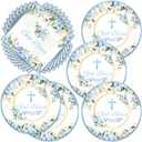 40pcs Blue God Bless Party Supplies Tableware Set First Communion 20 Plates and 20 Napkins for Newborn Baptism Church Party Decoration Serve 20 Guests