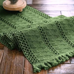 Macrame Table Runner Green Boho Table Runners with Tassels Hand Woven Cotton Table Runner Rustic Farmhouse Table Runners for Bohemian Kitchen Dining Table(12x48in)