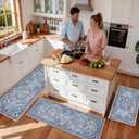Boho Kitchen Rug Set, 3pcs Non Slip Bohemian Kitchen Rug, Washable Kitchen Floor Mat, Indoor and Outdoor Entryway Floor Mat, Foot Mat, Living Room Area Rug, Home Decoration (Blue Flower)