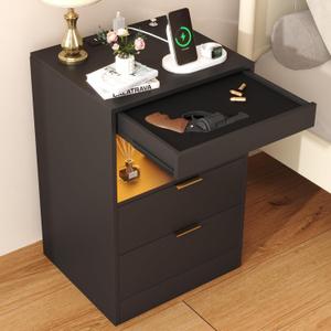 Yusong Night Stand with Gun Drawer & Invisible Lock, Bedside Table, LED Nightstand with Charging Station, Modern Night Stand, Wood Sofa Couch End Side Table with 2 Pull-Out Shelf (Black 002), 13.8"d X 15.8"w X 23.6"h