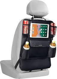 LUCMO Car Backseat Organizer with Touch Screen Tablet Holder,9 Storage Pockets Storage Organizer,Protectors Kick Mats Travel Accessories (Black, 1Pack with Food Tray)