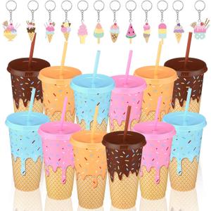 Yungyan 24 Pcs Ice Cream Drip Party Favors Ice Cream Drip Cups with Lids and Straws 24 oz Sweet Cone Acrylic Keychains Gift Bulk Reusable Plastic Tumbler for Birthday Baby Shower Summer Party Supplies