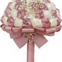 Sharebeauty 7.1 Inch Handmade Satin Rose Bridal Bouquet Toss Round Wedding Bouquet Throw Toss Artificial Flower Bunch Pastel Pink + Ivory