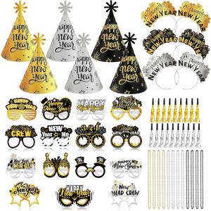 57Pcs New Years Eve Party Supplies 2026, Happy New Year Party Favors with Glasses Hats Headbands Noisemakers & Necklaces for NYE Decorations