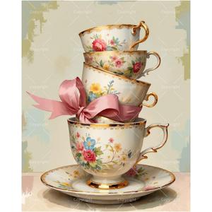 Vintage Teacups Paint by Numbers Kit for Adults - DIY Floral Tea Set with Bow Painting on Canvas 16x20 Inch, Acrylic Paint Set, Suitable for Beginners, Art for Home Decoration or Gifts