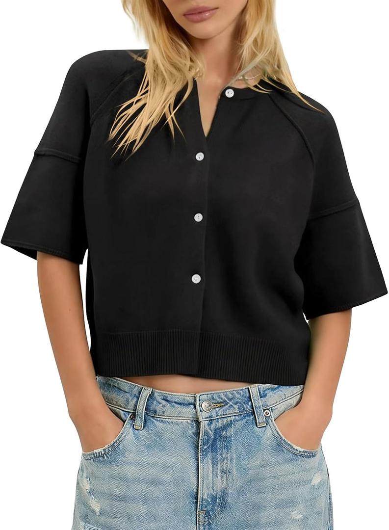 Womens Short Sleeve Cardigan Summer Sweaters Crew Neck Button Down Knit Shirt Blouse Dressy Casual Tops (Black, M)