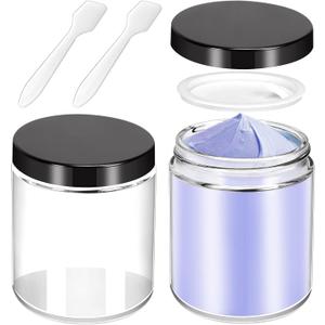 MotBach 2 Pack 8oz Glass Jars with Lids, Round Glass Jars with Spatulas, Inner Liners and Black Lids, Empty Cosmetic Containers Travel Toiletries Container for Lotion, Cream, Makeup, Cosmetic, Slime