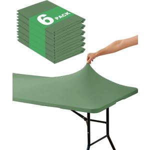 KeyWave Fitted Tablecloth Rectangle Table Cloths - 6 Pack 6 Foot Elastic Stretch Folding Table Top Cover Water-Resistant Reusable for Outdoor Picnic Camping Party Event, Sage Green, 72" L x 30" W