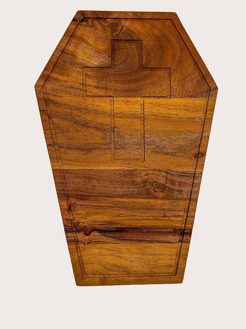 Acacia Wood Halloween Scary Coffin Cutting Board with Groove for Festive Decoration and Appetizer Serving Tray (13.75"L x 9.5"W)