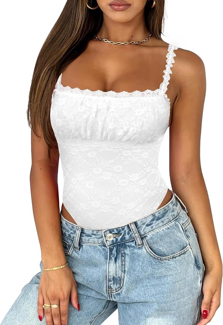 Saslax Women's Sexy Square Neck Lace Sleeveless Bodysuit Tank Tops Double Lined Body Suit Thong Outfits (White) S