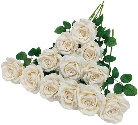 ATFL Ivory Roses Artificial Flowers,Fake Roses Bulk, 12 Pcs,Flower Diameter 4'',Faux Silk Rose Flowers with Stems for Wedding Arrangement Centerpieces Party Home Table Decorations,Flores Artificiales