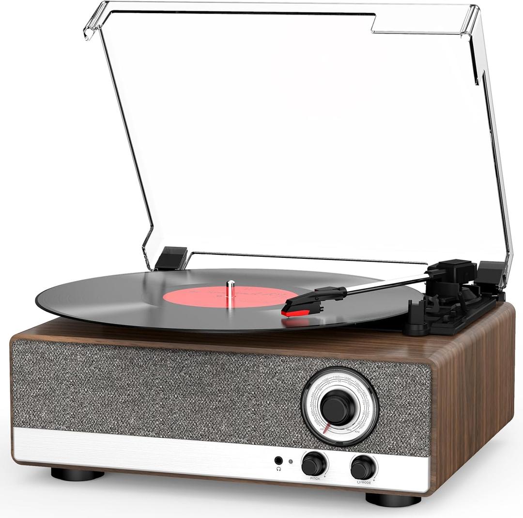 7-in-1 Record Player Bluetooth Turntable with Built-in Stereo Speakers, Support Bluetooth in & Out and AM/FM Radio, Belt Drive 3-Speed Turntable with Pitch Control & RCA Line Out & Auto Stop