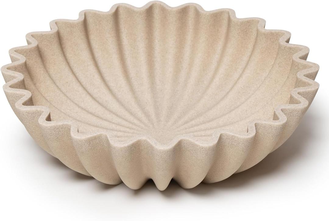 Large Decorative fruit bowl for Home Decor Modern Handicraft Key Bowl for Entryway Table Ruffle Centerpiece Stylish Purse Bowl for Kitchen Counter Coffee Table(Artificial Stone Beige)