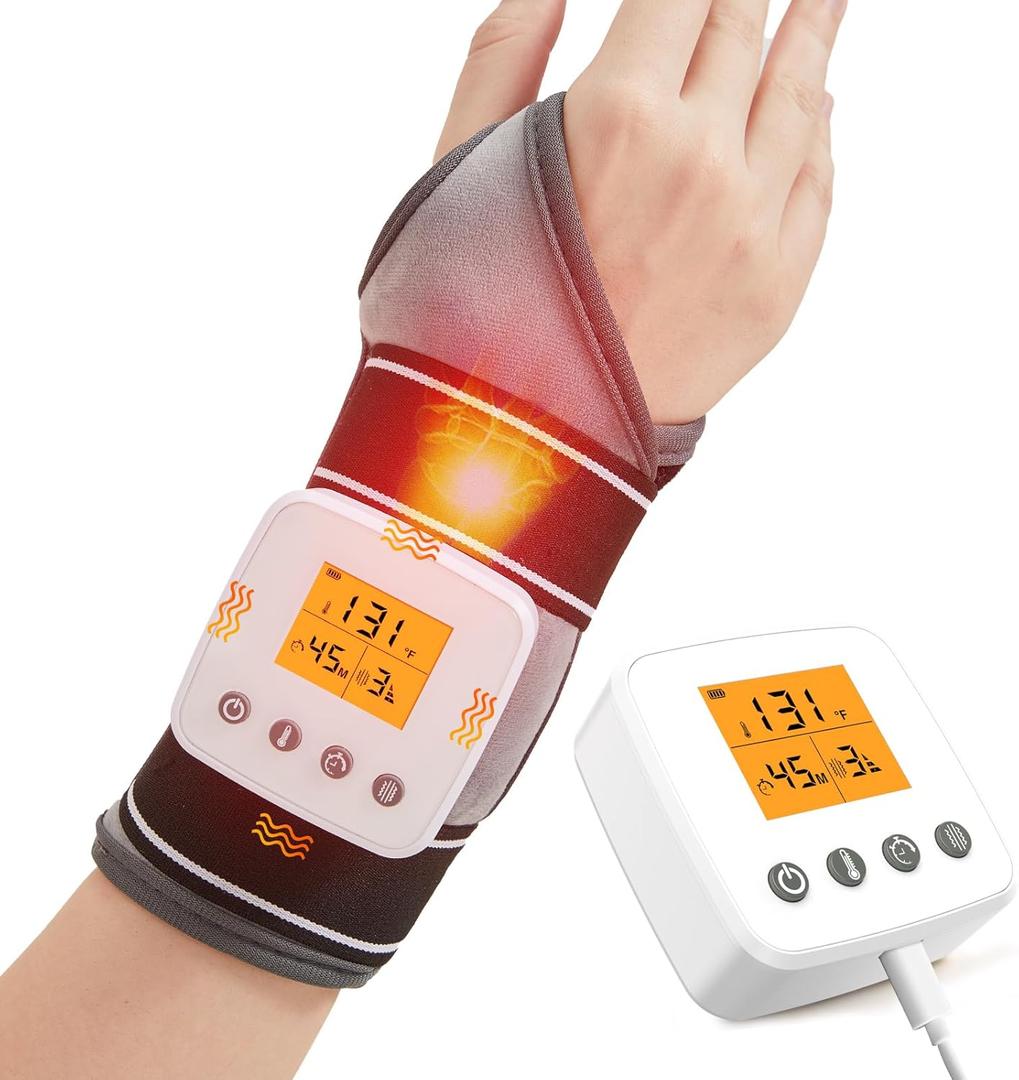 Rechargeable Wrist Heating Pad Wrap for Pain Relief, Heated Wrist Massager Heat Therapy for Carpal Tunnel Relief, Sprains, Swelling, Tendonitis Hand Pain, 3 Vibration Mode, 3 Heat Level, Auto Shut Off