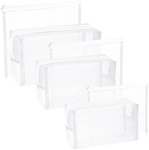 6 Pieces Mesh Makeup Bags Mesh Cosmetic Bag Portable Travel Organizing Zipper Pouch Toiletries Makeup Pouches for Home Office Travel Accessories (White)
