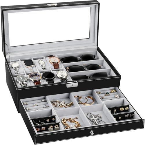 TomCare Watch Box Watch Case Jewelry Organizer Holder Jewelry Display Box Case Sunglasses Storage Organizer Lockable with Glass Top and PU Leather for Men Women, Black