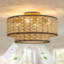 20" Boho Ceiling Fan Light with Remote Control, Double Layer Hand Woven Toast-Colored Rattan with Black Trim Flush Mount Fan Light with Lights for Bedroom, Living Room, Kitchen