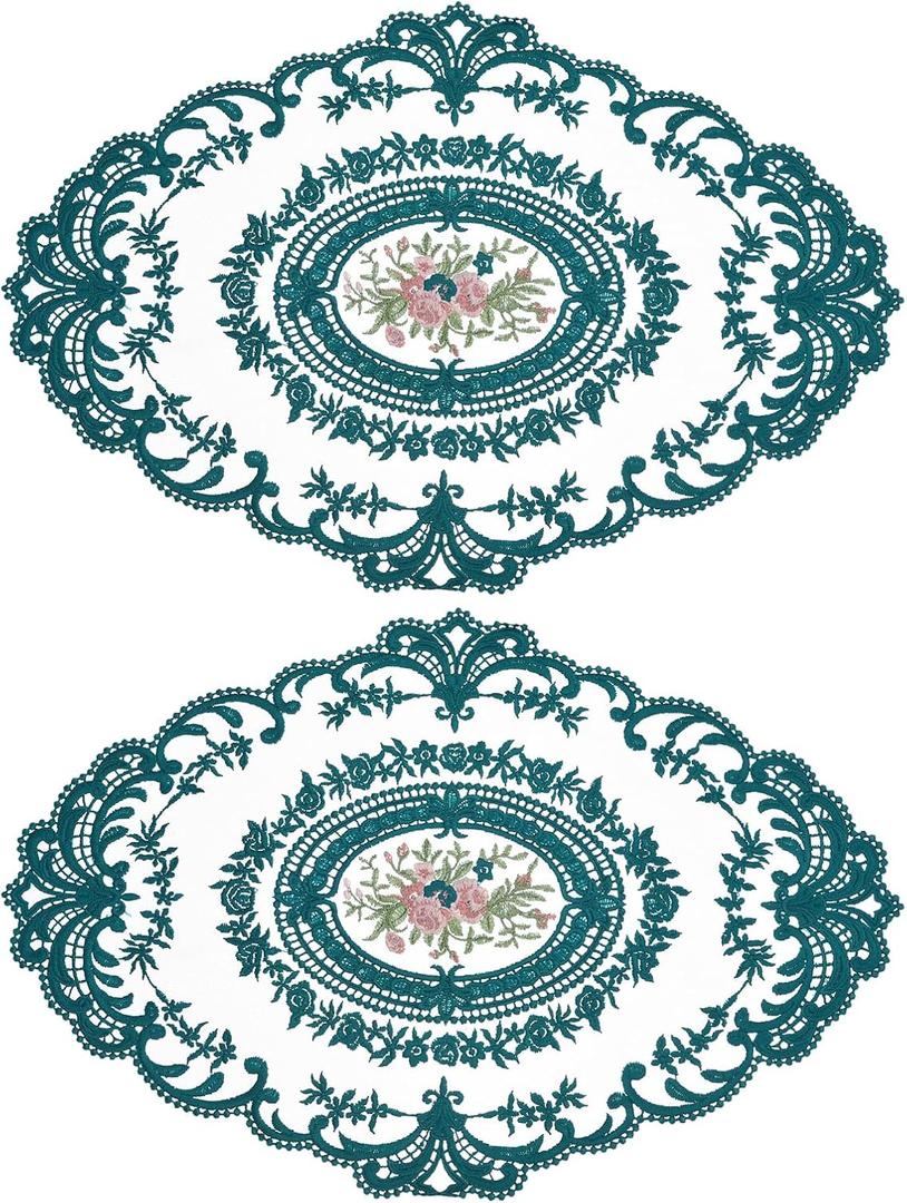 uxcell 2Pack Retro Lace Placemat 12x16-in Oval Embroidered Table Place Mats French Crochet Doilies Coasters Cup Mat for Home Wedding, Dark Green