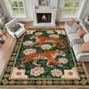 Tiger 9x12 Area Rug Vintage Green Rugs Machine Washable Non-Slip Low-Pile Oriental Animal Floor Carpet Mat for Living Room Bedroom Dining Room Office
