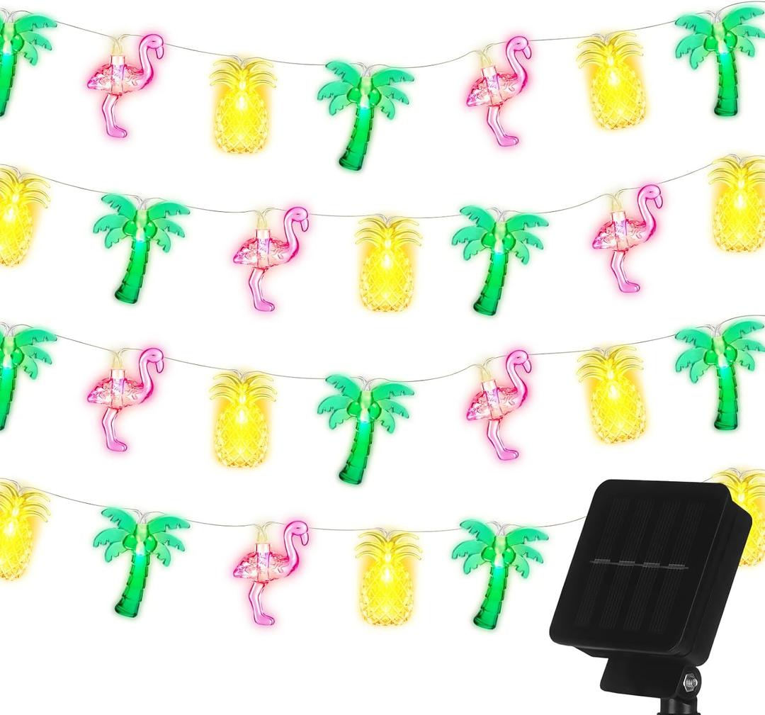 Huquary 50 LED 25ft Tropical Beach Hawaiian Solar String Lights Flamingo Pineapple Palm Tree Lights Outdoor 8 Modes Waterproof Solar Powered Decor for Hawaii Summer Tropical Pool Beach Luau Party