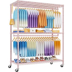 ULIFHOME P8 Max Heavy Duty Clothes Rack（With Extended Width Design） Rolling Clothing Racks for Hanging Clothes，Portable Garment Rack with Lockable Wheels，51.2" W x 15.8" D x 80.5" H，Load 700LBS，Pink