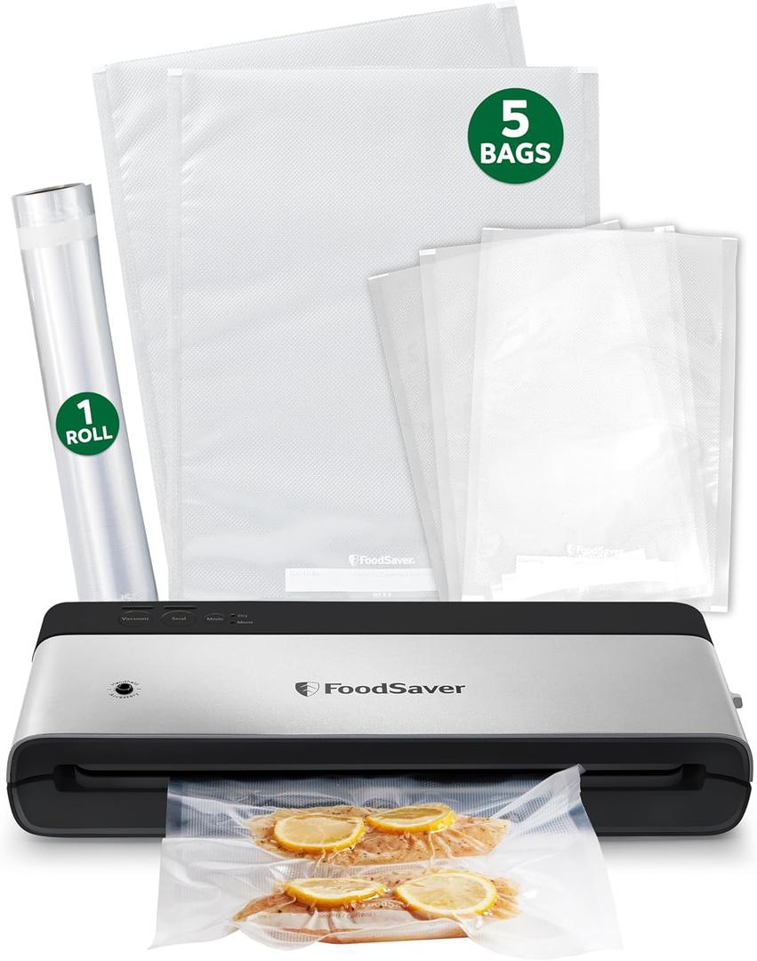 FoodSaver PowerVac Compact Vacuum Sealing Machine Stainless Steel & Black Vertical Storage VS0150 | Preserves freshness reduces bag waste for both dry and wet food
