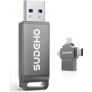 MFi Certified Photo Stick 256GB USB Flash Drive for iPhone, 4 in 1 External Memory Thumb Drive for Picture Video Backup, High Speed Memory Stick Pen Drive for iPhone/iPad/Android/PC (Gun Black)