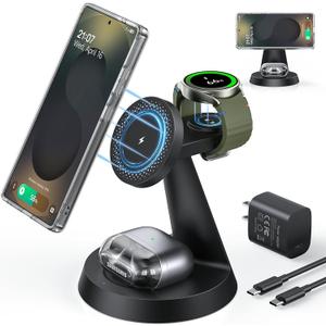 Magnetic Wireless Charger for Samsung, 3 in 1 Charging Station Compatible with MagSafe Samsung Charger for Galaxy S26 Ultra S25 Z Fold7/Flip7, Watch Charger Stand for Galaxy Watch Ultra 8 7, for Buds (BLACK)