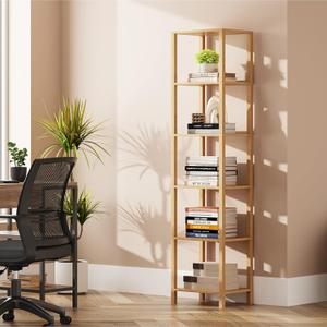 TUTOTAK Bookshelf, 6-Tier Tall Book Shelf, Narrow Bookcase for Small Space, DIY Stackable Bookshelf, for Living Room, Office, Study, Entryway, Industrial, Natural BS01BN006, 6-Tier (10.7 x 14.5 x 65.3 Inches)