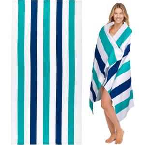 cabanana Large Oversized Beach Towel - Microfiber Sand Free 35 x 70 Inch Quick Dry Lightweight Pool Towel for Adults, Thin Striped Swim Towel (Turquoise)