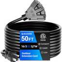 islewire 50 FT 3 Outlet Outdoor Extension Cord Waterproof, 16/3 SJTW Black Extension Cord with Multiple Outlets, Heavy Duty 16 Gauge 3-Prong Grounded Power Cable for Garden and Home Use, ETL Listed