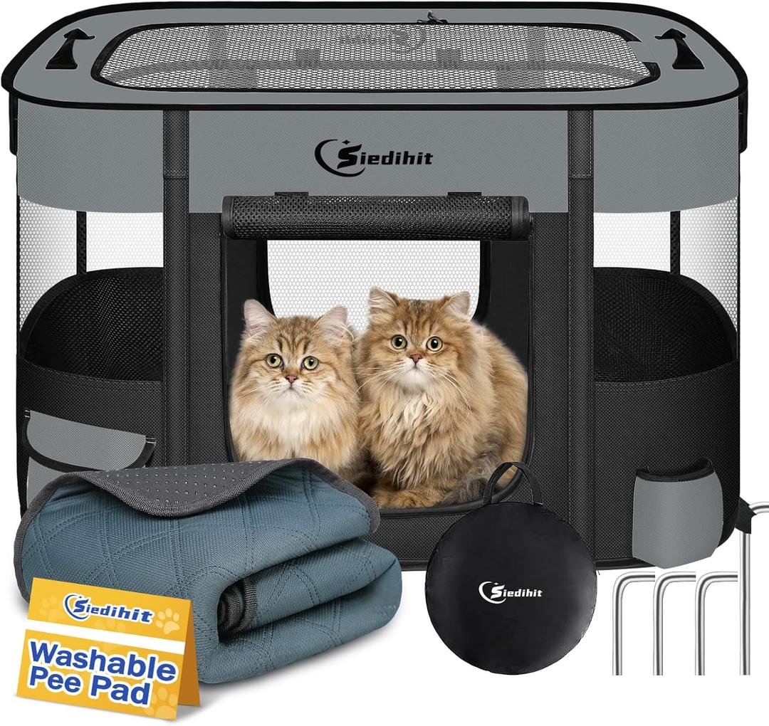 Dog Playpen,Cat Pet Puppy Pen,Portable Playpens for Dogs Indoor Outdoor Travel Camping Use,Foldable Dog Kennel Tent Crate for Rabbit Small Animals with Carrying Case (Dark Grey with Pad, Small)