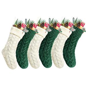 Kunyida Christmas Stockings, 20 Inch Ivory and Green Cable Knit Stockings Christmas Holiday Decoration, 6 Pack
