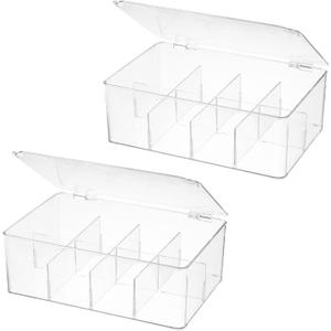 Divided Clear Plastic Organizer Bin with Hinge Lid, 8 Sections Tea Bag Storage Box for Kitchen, Snacks, Spice Packets,Pouches, Stackable Storage Bin (Two)
