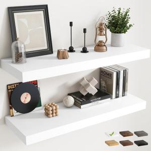 40 Inch Long Floating Shelves for Wall Set of 2, 12"D Wood Grain Bathroom Shelves with Invisible Brackets, Easy Install Engineered Wood Storage Shelves for Kitchen, Living Room, Bedroom, White Finish, 40Wx12Dx1.5H, 2P