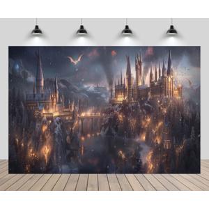 7x5ft Magic School Backdrop Wizard Castle School Black Woods Lake Forbidden Forest Bridge Falling Snow Scenery Background Kids Birthday Halloween Party Decor Photo Booth Studio Props