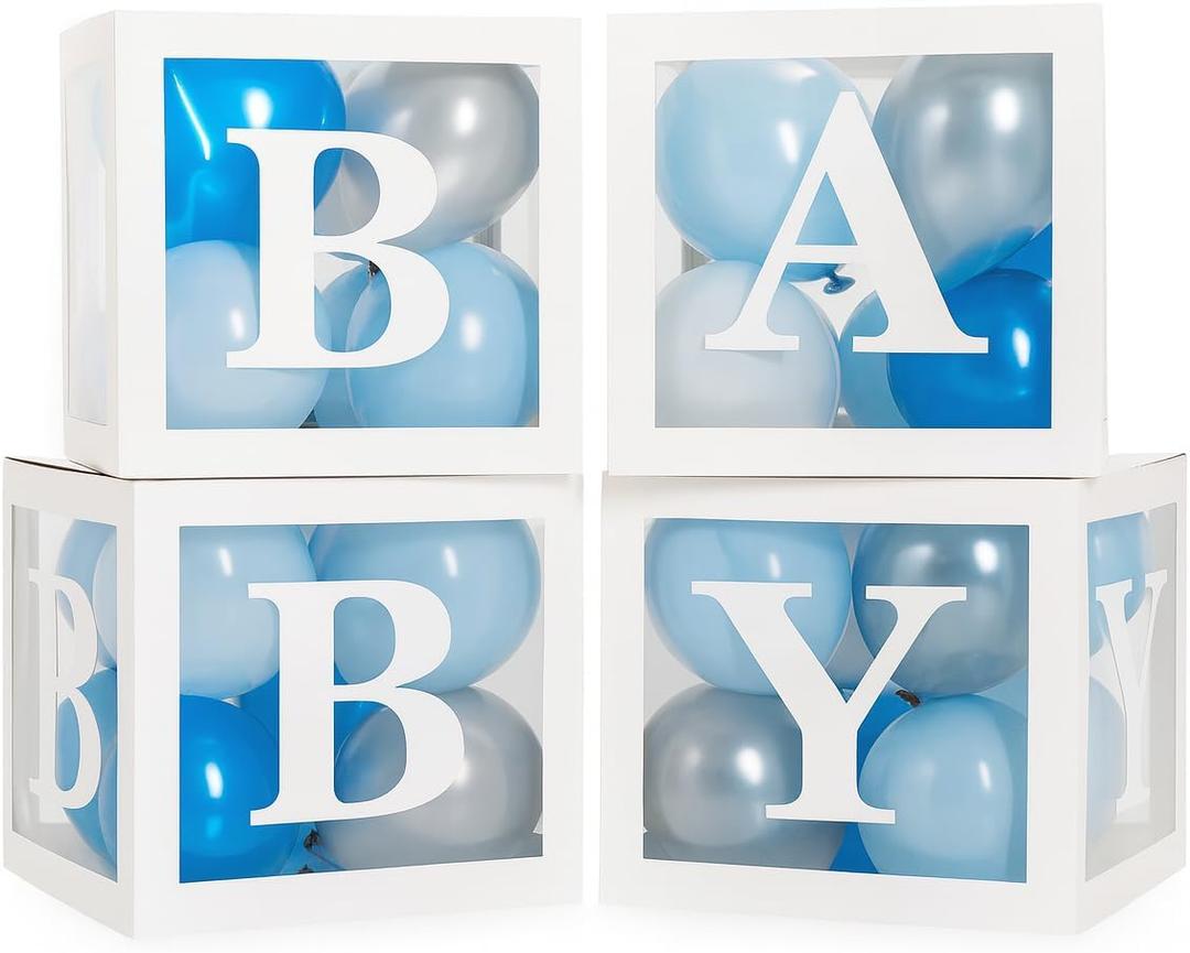 Baby Shower Boxes with Letters  White Boxes with Blue, Silver & White Balloons  44-Piece Gender Reveal & Party Decoration Set by Vellax
