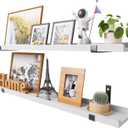 Natural Wood Floating Shelves with Lip, 40 Inch Long White Floating Wall Shelves with Metal Bracket, Set of 2 Picture Ledge Shelf Wall Mounted Shelves for Living Room, Bedroom and Kitchen, White 