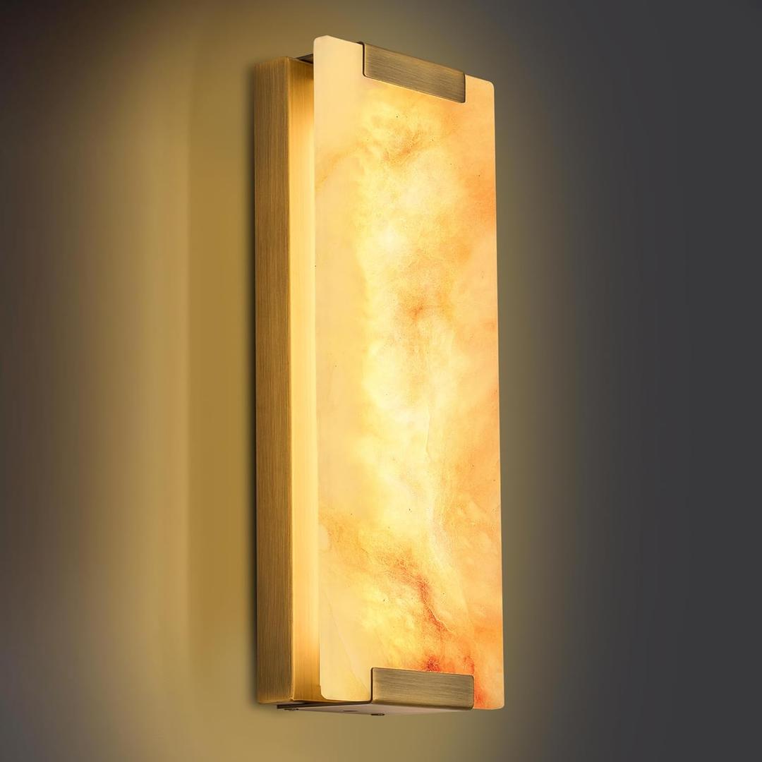 14.2 in Brass Alabaster Wall Sconces, Natural Marble Wall Sconces Indoor Alabaster Sconces for Living Room, LED Modern Alabaster Sconces Wall Lighting for Dining Room,Bedroom,Stairs (Bronze)