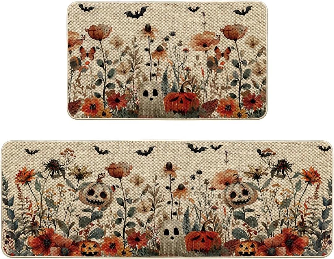 Artoid Mode Ghost Jack-O'-Lantern Pumpkin Flowers Halloween Kitchen Mats Set of 2, Low-Profile Home Decor Kitchen Rugs for Floor - 17x29 and 17x47 Inch
