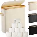 Toilet Paper Basket With Lid for Mega Rolls, Large Bamboo Organizer Holder Stand for Bathroom, Enclosed Tissue Storage Bin Box Container, Free Standing, Beige