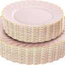 YOUBET 60PCS Pink Scalloped Plastic Plates - Hard Pink and Gold Fancy Disposable Plates include 30 Gold Dinner Plate, 30 Dessert Plate for Party & Wedding & Baby Shower Mothers Day