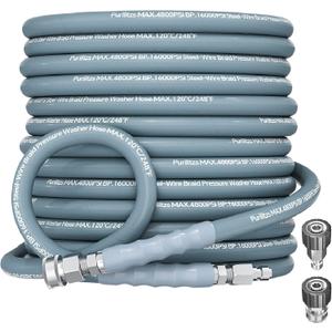 50ft Pressure Washer Hose 4800PSI, 3/8" Power Washing Hose Steel Wire Braided with Swivel Quick Connect, Non Marking Commercial Grade High Pressure Water Hose