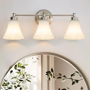 LOUSACE 3 Light Bathroom Vanity Light Vintage Brushed Nickel Bathroom Lighting Fixtures Over Mirror, Traditional Wall Sconce Lighting with Opal Glass Shade, Nickel Vanity Lighting Fixture, 24.2'' - 3 Lights