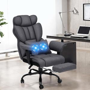 Executive Office Chair Big and Tall with Massage Lumbar Support 450lbs Reclining Office Chair with Footrest Heavy Duty Desk Chair High Back Ergonomic Fabric Chair for Heavy People Dark Gray